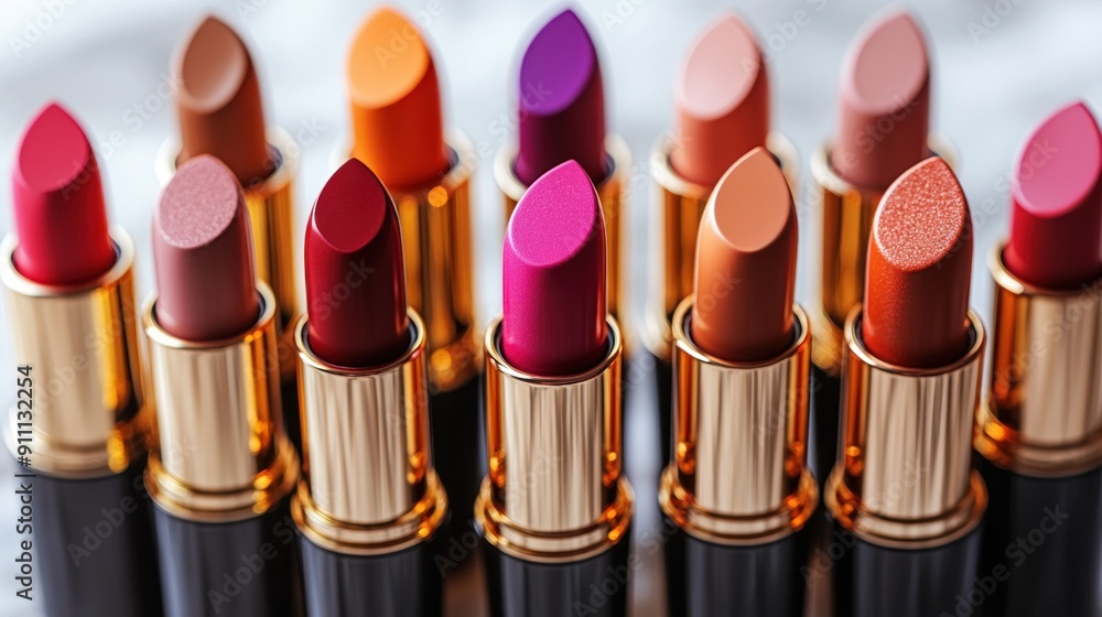 Close-up of luxurious lipstick tubes in vibrant shades arranged on a marble surface, with a hint of soft lighting emphasizing their glossy finish Close-up of luxurious lipstick tubes in vibrant shades arranged on a marble surface, with a hint of soft lighting emphasizing their glossy finish