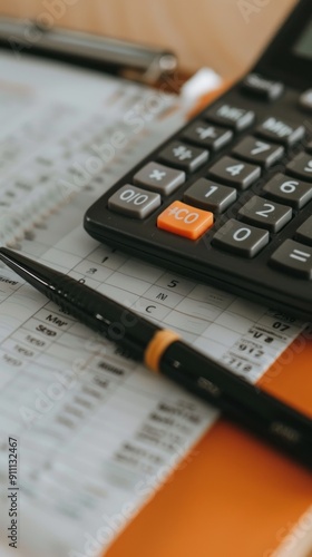 Calculator and pen on a budget spreadsheet.