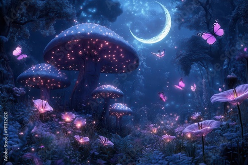 whimsical alice in wonderland inspired landscape with giant bioluminescent mushrooms oversized lilies and iridescent butterflies under a crescent moon photo