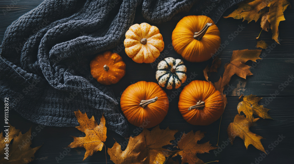 Assorted pumpkins and autumn leaves on a dark background Assorted pumpkins and autumn leaves on a dark background