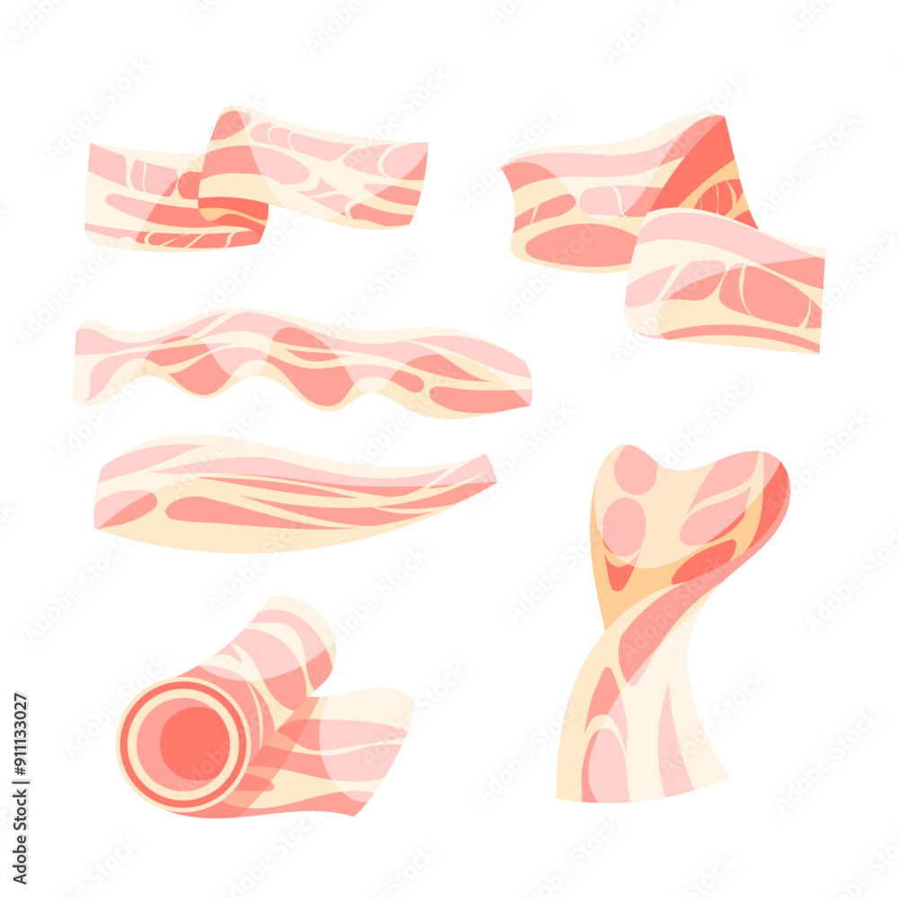 Bacon icons set. Raw or Smoked Bacon strips. Thin Fatty Slices of Pork Rashers. Bacon icons set. Raw or Smoked Bacon strips. Thin Fatty Slices of Pork Rashers.