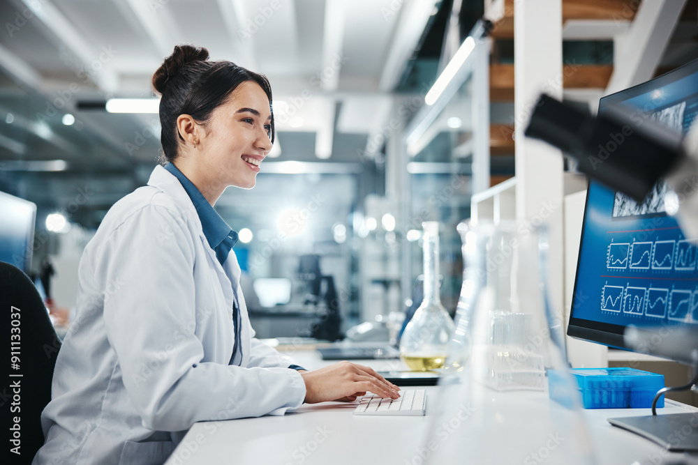 Laptop, woman and medical scientist in laboratory with online research for cancer clinical trial. Science, computer and female biologist with pharmaceutical discovery for healthcare innovation. Laptop, woman and medical scientist in laboratory with online research for cancer clinical trial. Science, computer and female biologist with pharmaceutical discovery for healthcare innovation.