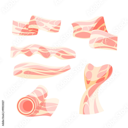 Bacon icons set. Raw or Smoked Bacon strips. Thin Fatty Slices of Pork Rashers.