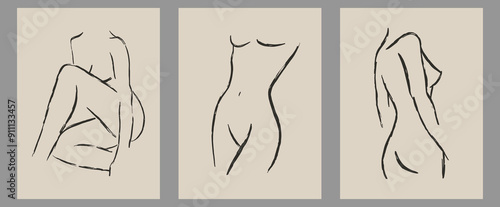 Set of trendy contemporary abstract creative hand drawn minimalist posters with organic woman body shape for wall decoration, postcard or brochure cover design in retro style art