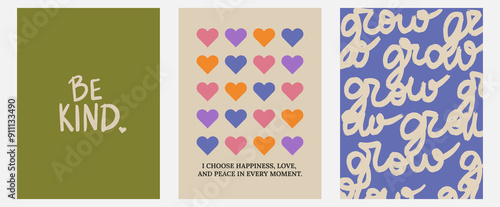 Aesthetic abstract pastel background with ispiration and motivation quotes and phrases posters on blurred pattern. Modern print for social media stories, album covers, banners, templates