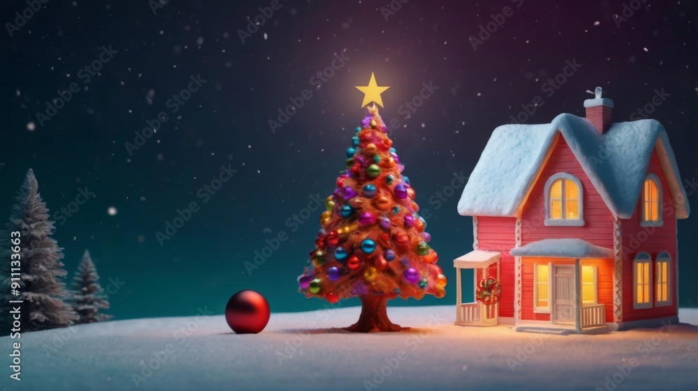 Obraz premium Christmas tree toy in the form of a house on a branch. Christmas mood background. Vacation atmosphere. Comfort hyuge concept cozy. Family budget Mortgage buying real estate