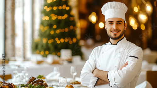 Chef cuisinier posant dans la salle de son restaurant