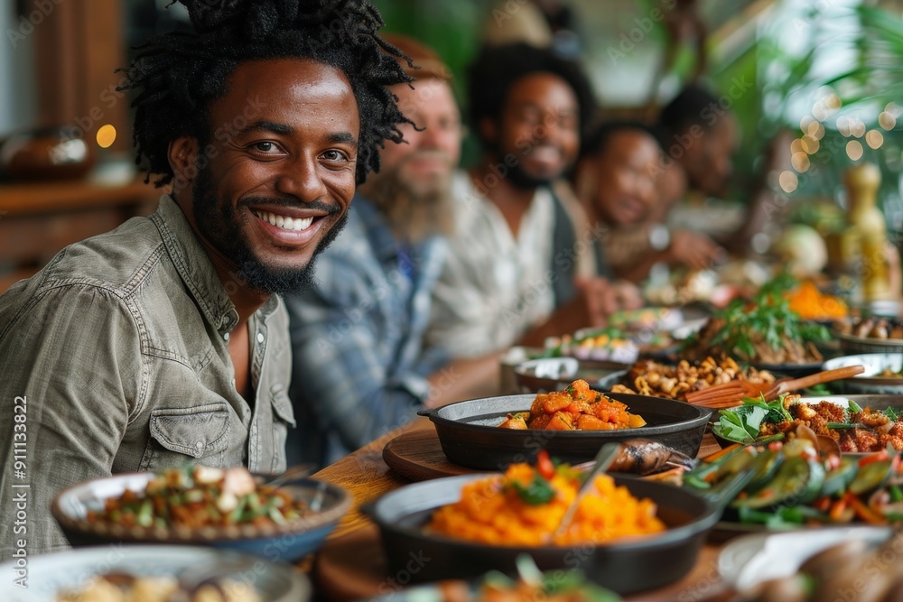 Friends from various backgrounds enjoying a meal together Friends from various backgrounds enjoying a meal together