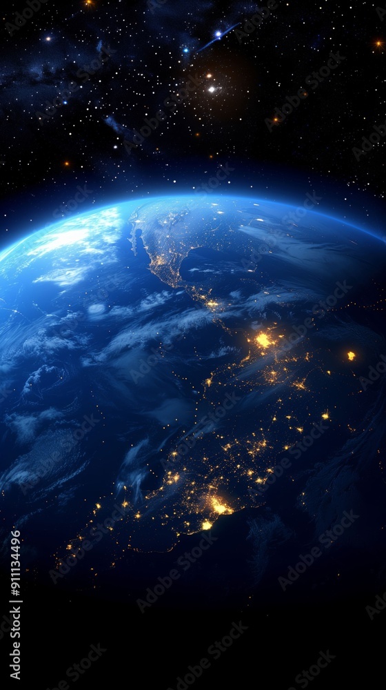 Night view of Earth from space with city lights.
Night view of Earth from space with city lights.
