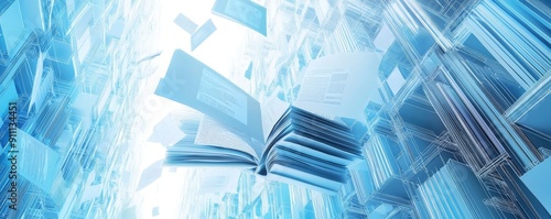 Wireframe illustration of scientific journal and documents in digital archive