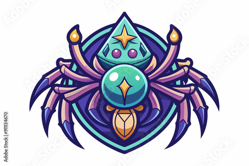  A luxurious and magical logo featuring a tarantula with elements of a witch's magic. The design should have a whimsical and slightly cartoonish style, vector illustration 