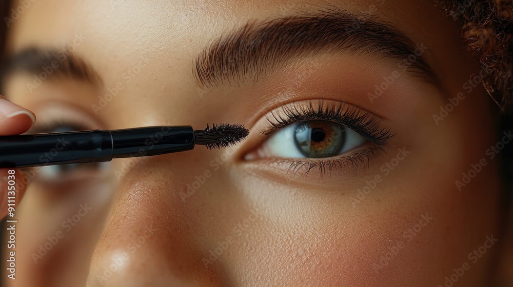 Naklejka premium Detailed shot of a model applying mascara, with focus on the eye and lashes