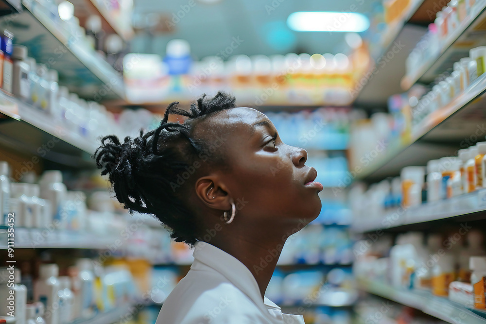Photo of buyer in pharmacy shop full of medicines generative AI Photo of buyer in pharmacy shop full of medicines generative AI
