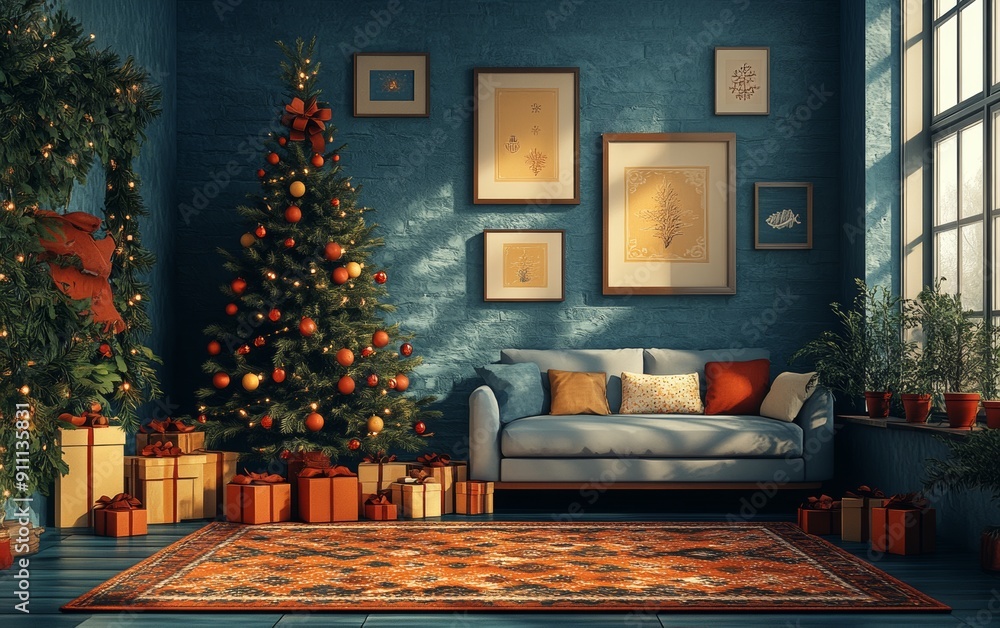 Cozy living room decorated for the holidays, featuring a Christmas tree, vibrant colors, and thoughtfully arranged gifts. Cozy living room decorated for the holidays, featuring a Christmas tree, vibrant colors, and thoughtfully arranged gifts.