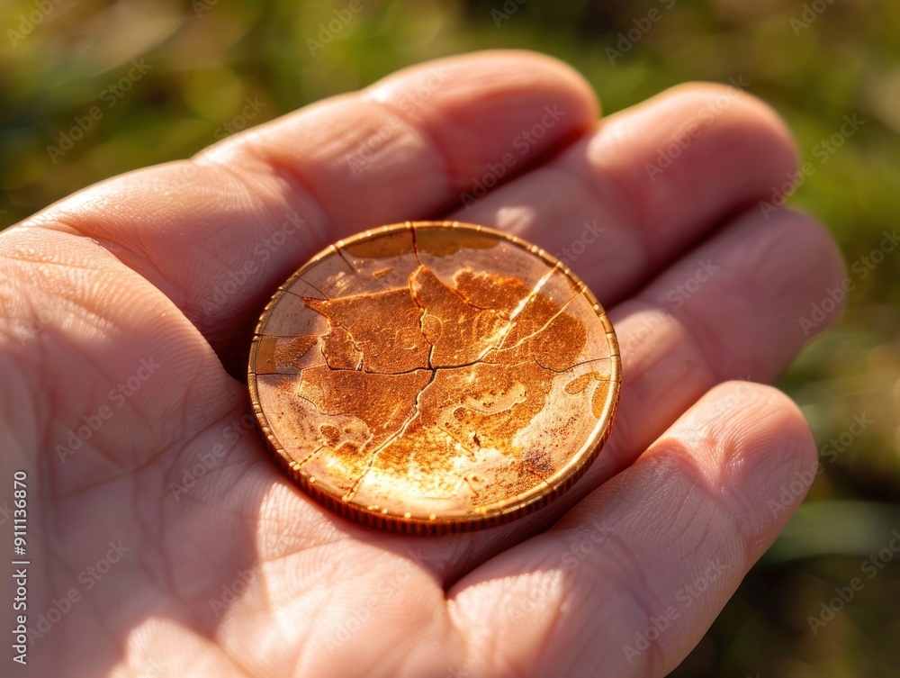 Fototapeta premium A Cracked Coin Held in Hand.
