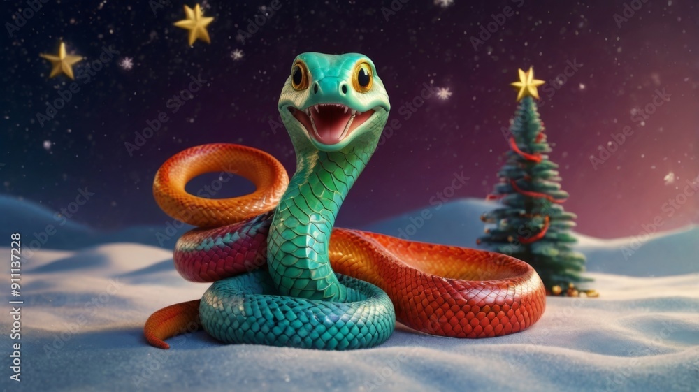 Fototapeta premium Christmas snake tree toy in the form of a house on a branch. Christmas mood background. Vacation atmosphere. Comfort hyuge concept cozy. Family budget Mortgage buying real estate