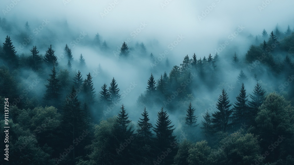 Ethereal photo of fog rolling over a forested landscape, with trees peeking through the mist, creating a mysterious and tranquil scene Ethereal photo of fog rolling over a forested landscape, with trees peeking through the mist, creating a mysterious and tranquil scene
