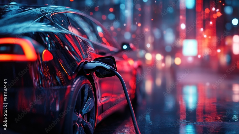 EV charging cable connected to a sleek electric car with a blurred cityscape in the background EV charging cable connected to a sleek electric car with a blurred cityscape in the background