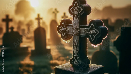 tomb cross with morning dew drops glistening in the early light.