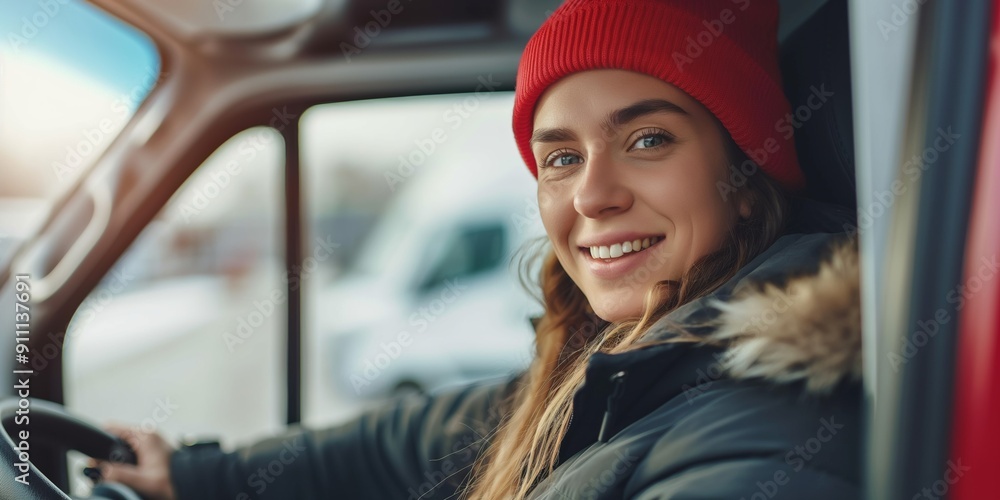 A woman wearing a red hat and a black coat is smiling while driving a car. Concept of warmth and happiness, as the woman is enjoying her time behind the wheel A woman wearing a red hat and a black coat is smiling while driving a car. Concept of warmth and happiness, as the woman is enjoying her time behind the wheel