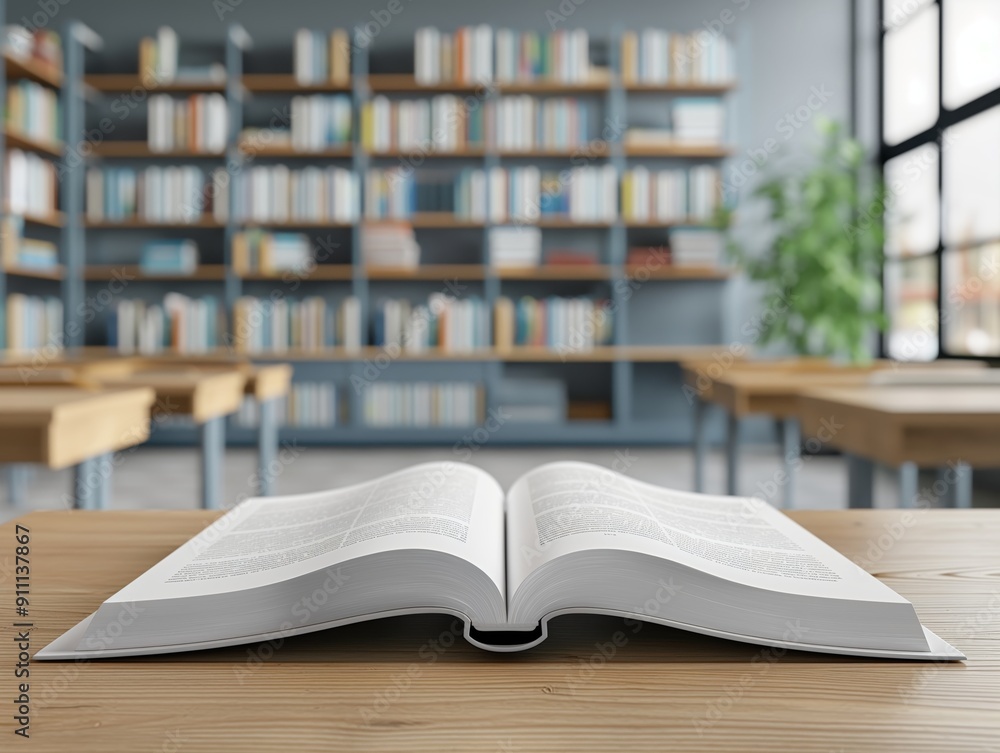 Fototapeta premium Blank white textbook mockup open on a desk with stationery items