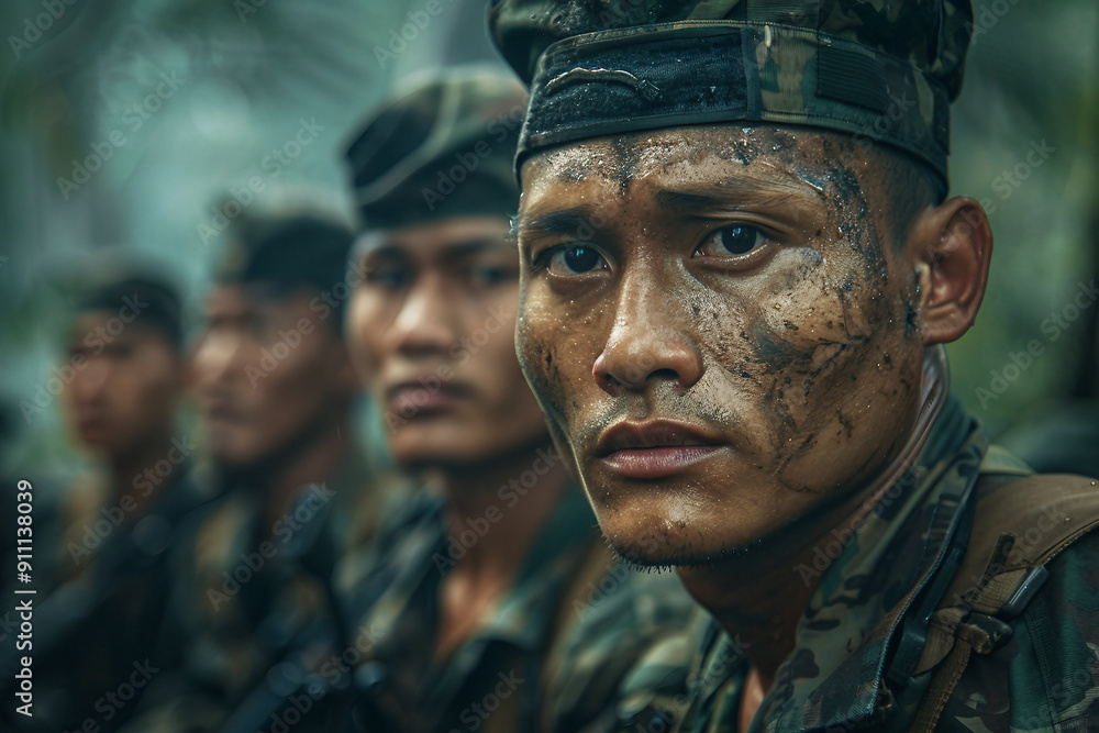 Fototapeta premium AI generated image of strong soldier in gear on the battlefield