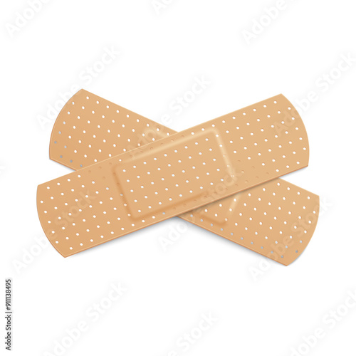 Two beige adhesive plasters, cross of bandage for treating wound vector illustration