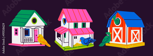 Wooden Bird Houses. Colorful bird feeders. Look like real house, barn. Cartoon style. Birdhouse, nest, home for birds, garden decoration. Hand drawn Vector Illustration. Isolated design elements