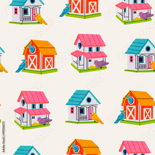 Wooden Bird Houses. Colorful bird feeders. Look like real house, barn. Cartoon style. Birdhouse, nest, home for birds, garden decoration. Hand drawn Vector Illustration. Square seamless Pattern