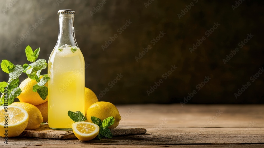 Lemonade in a rustic setting, served in a vintage bottle with lemons and mint sprigs Lemonade in a rustic setting, served in a vintage bottle with lemons and mint sprigs