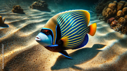 Emperor Angelfish against a sandy seabed