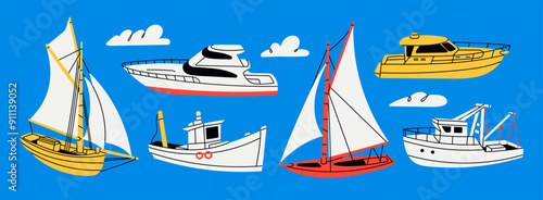 Various boats and ships, ocean transport. Sailing ship, tugboat, wind sail boat, yacht, fishing and speed boat. Hand drawn Vector illustration. Cartoon style. Isolated design elements