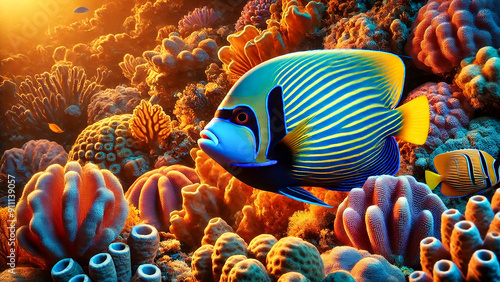 Emperor Angelfish with a background of colorful sponges under warm