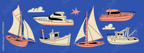 Various boats and ships, ocean transport. Sailing ship, tugboat, wind sail boat, yacht, fishing and speed boat. Hand drawn Vector illustration. Cartoon style. Isolated design elements