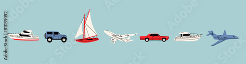 Different transport set. Various boats, sailing ship, cars, planes. Hand drawn modern Vector illustration. Cartoon style. Isolated design elements