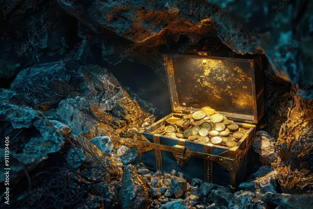 enchanting pirate treasure chest nestled in a mysterious cave golden ...