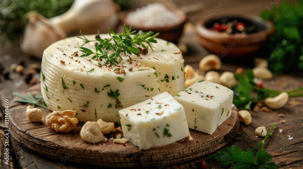 Close up view of homemade Adyghe cheese with herbs nuts and condiments on a wooden table Close up view of homemade Adyghe cheese with herbs nuts and condiments on a wooden table
