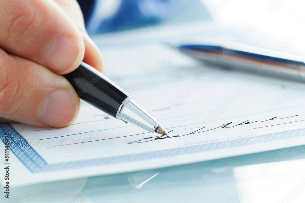 Close-up of hand signing a document with a pen. Close-up of hand signing a document with a pen.