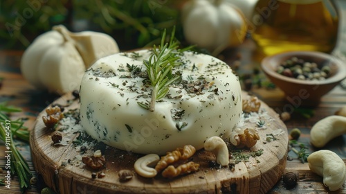 Close up view of homemade Adyghe cheese with herbs nuts and condiments on a wooden table photo