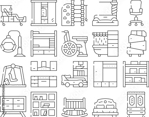 Furniture House Room Interior Icons Set Vector. Vintage And Modern Furniture, For Sport Exercising And Relaxation, Bedroom Bed And Office Chair, Warehouse Shelves And Medical Contour Illustrations