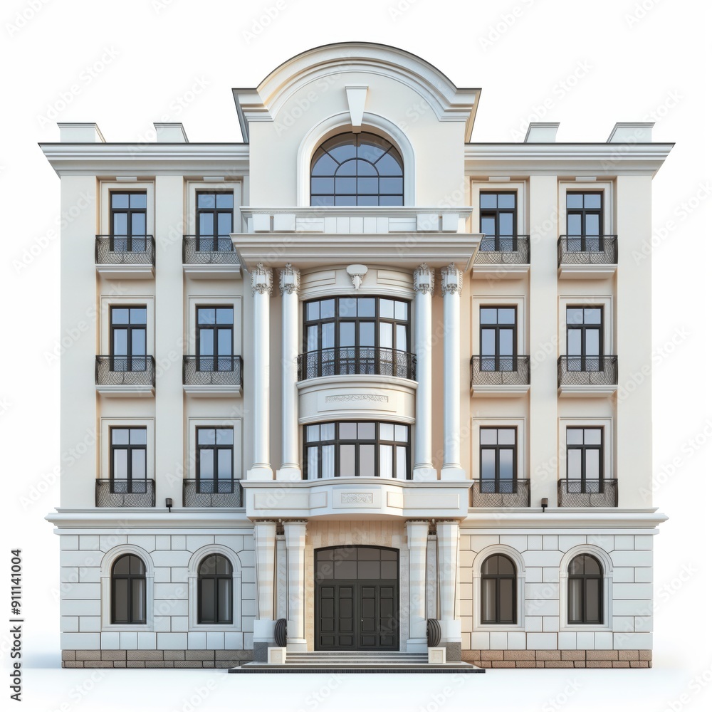 Elegant White Building with Arched Windows and Balconies Elegant White Building with Arched Windows and Balconies