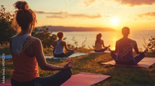 Fototapeta Naklejka Na Ścianę i Meble -  Group of people practicing yoga outdoors on mats with a scenic sunset background