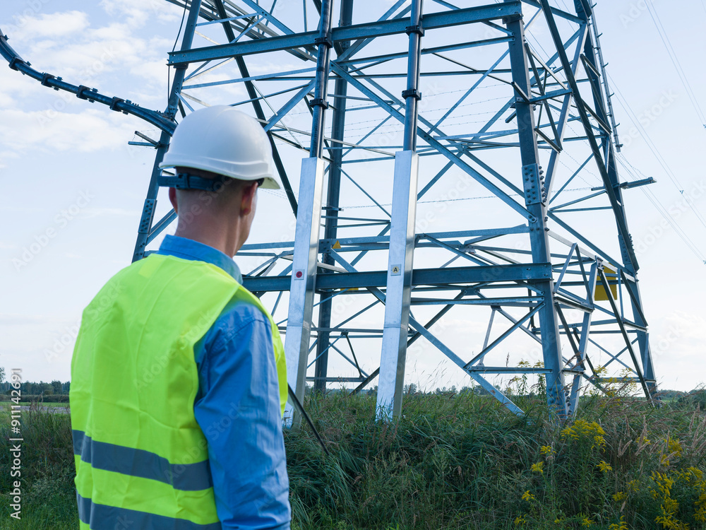 Energy engineer wearing white helmet and reflective vest inspects an electric tower and wires. Energy engineer evaluates power infrastructure, on maintaining and improving electricity distribution. Energy engineer wearing white helmet and reflective vest inspects an electric tower and wires. Energy engineer evaluates power infrastructure, on maintaining and improving electricity distribution.