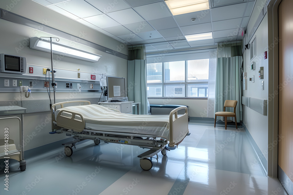 Serene empty hospital ward with vacant bed, beeping heart rate monitor, and sterile equipment, evoking a sense of calmness and recovery in a clinical setting. Serene empty hospital ward with vacant bed, beeping heart rate monitor, and sterile equipment, evoking a sense of calmness and recovery in a clinical setting.