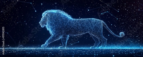 Digital wireframe lion illustration in futuristic space with constellations photo