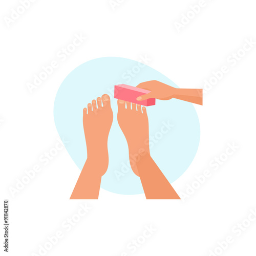 Hand holding nail file to polish toenails, beauty salon pedicure process vector illustration