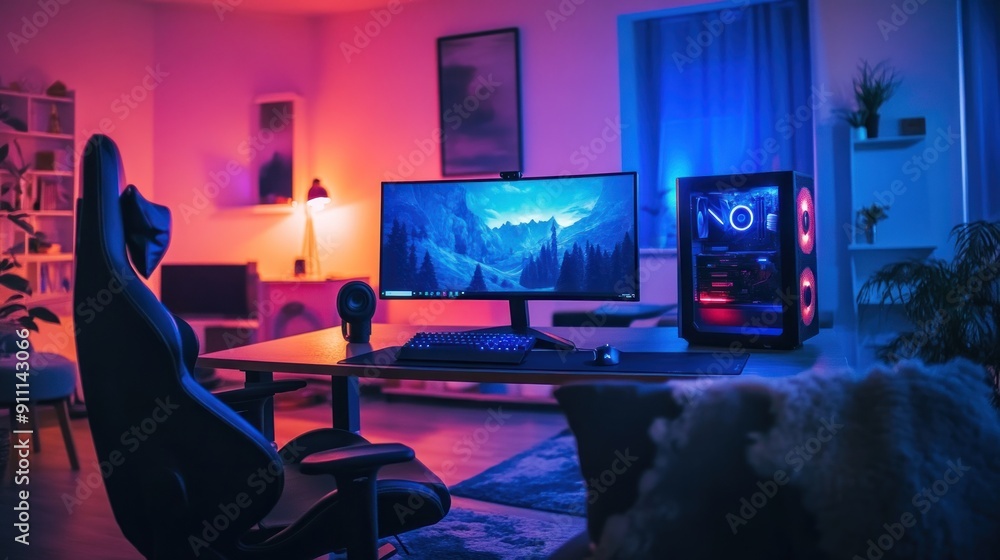 Home office for a gamer with a high-end gaming setup, LED lighting, and gaming chair, blending work and play in a vibrant environment Home office for a gamer with a high-end gaming setup, LED lighting, and gaming chair, blending work and play in a vibrant environment