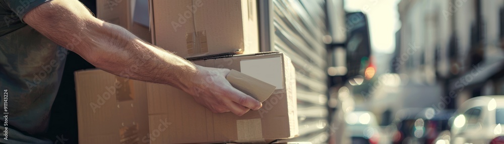 Closeup of man's hand holding cardboard box. Closeup of man's hand holding cardboard box.