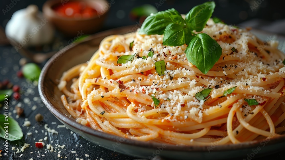 Delicious Plate of Spaghetti With Fresh Basil Garnish and Grated Cheese on Rustic Table Delicious Plate of Spaghetti With Fresh Basil Garnish and Grated Cheese on Rustic Table