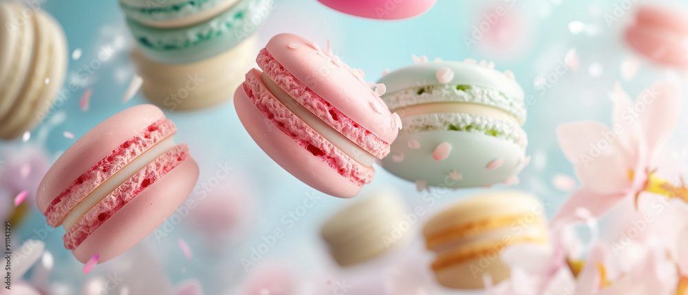 Obraz premium flying colored macaroons